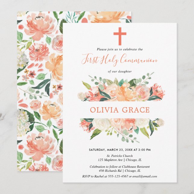Invitation Première fille élégante florale de sainte (Devant / Derrière)
