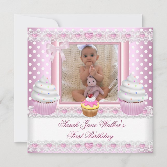 Invitation Première Fille Pink Cupcakes White Spot Baby (Devant)