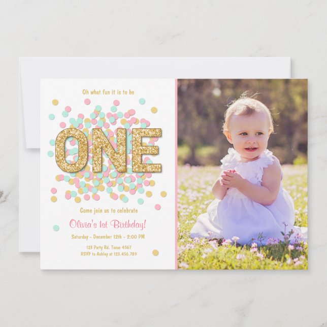 Invitation Première menthe d'or de rose de fille d'invitation (Devant)