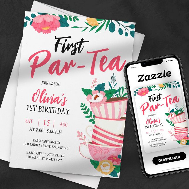 Invitation Première Par-Tea ! Fête de thé florale rose pour a (Créateur téléchargé)