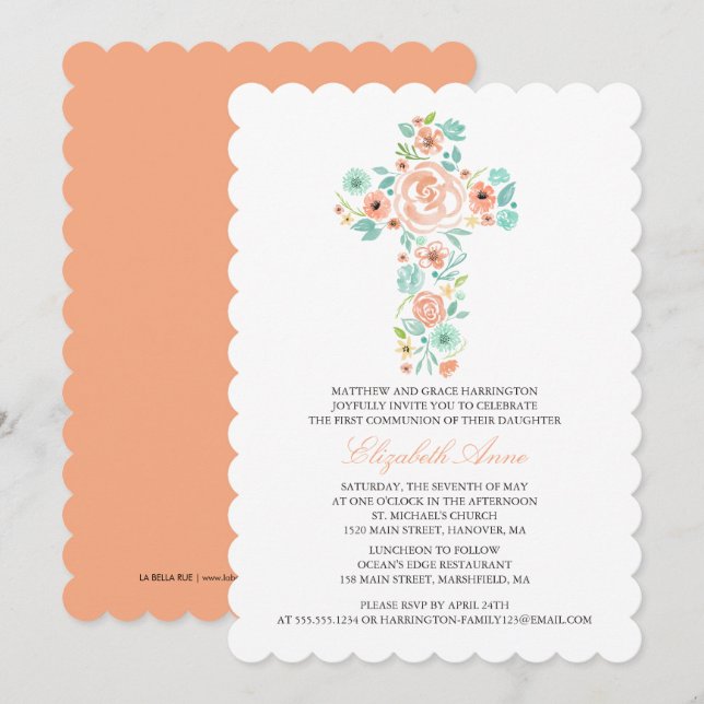 Invitation Première ponte de communion aquarelle croix floral (Devant / Derrière)