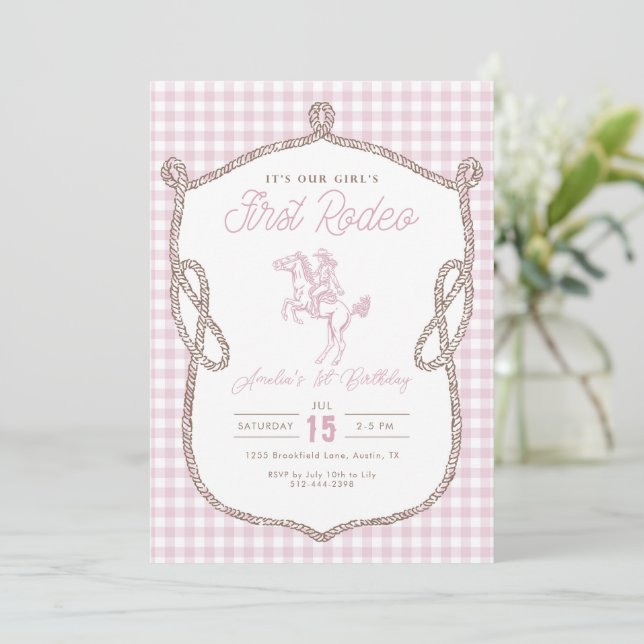 Invitation Première Rodeo Anniversaire Cowboy Gingham Rose  (Debout devant)