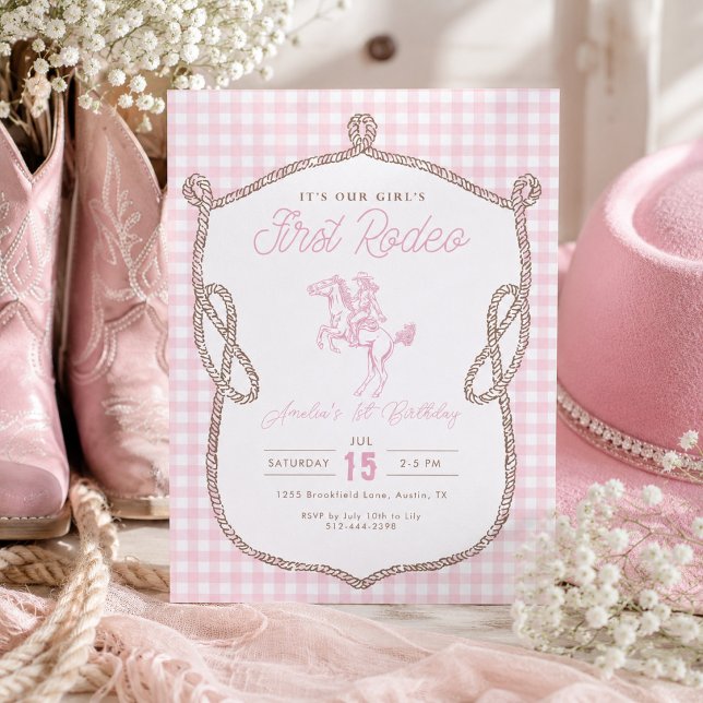 Invitation Première Rodeo Anniversaire Cowboy Gingham Rose  (Créateur téléchargé)