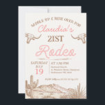 Invitation Première Rodéo des filles roses vintages 21e anniv<br><div class="desc">Vintage Rose Girls First Rodeo 21st Birthday Invitation Girl's vintage vingt et premier anniversaire invitation rodéo comprenant deux vaches longhorn,  une scène désertique et un texte de style corde. L'âge est modifiable rendant cette invitation d'anniversaire sur le thème du rodéo adapté à tout âge.</div>