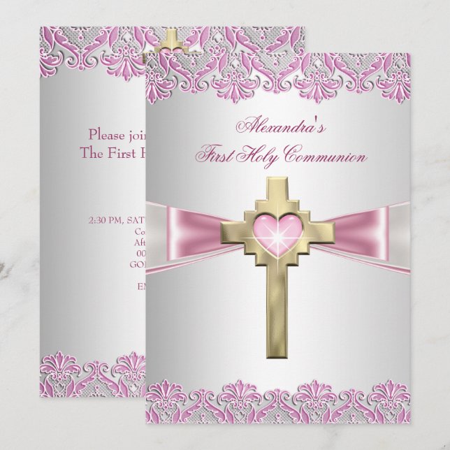 Invitation Première Sainte Communion 1ère Croix Dorée Filles  (Devant / Derrière)