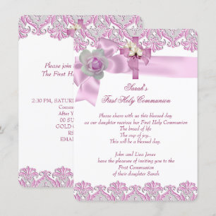 Invitation Première Sainte Communion 1ère Croix Filles Blanc 