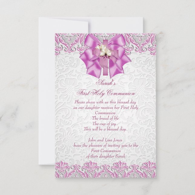 Invitation Première Sainte Communion 1ère Croix Filles Lilas  (Devant)