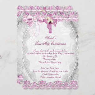 Invitation Première Sainte Communion 1ère Croix Filles Rose b