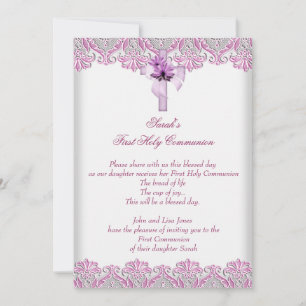 Invitation Première Sainte Communion 1ère Croix Filles Rose L