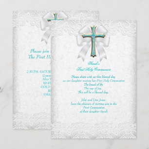 Invitation Première Sainte Communion 1ère Fille Croix Aqua Tu