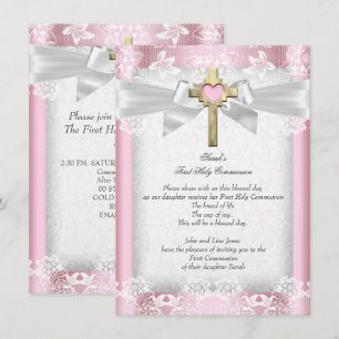 Invitation Première Sainte Communion 1ère Fille Croix Rose 6