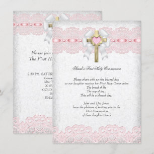 Invitation Première Sainte Communion 1ère Fille Croix Rose 9