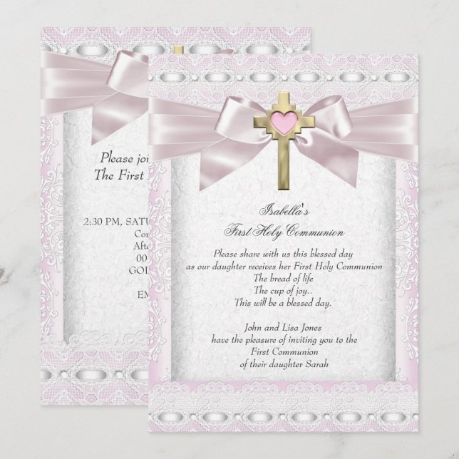 Invitation Première Sainte Communion 1ère Fille Croix Rose De (Devant / Derrière)
