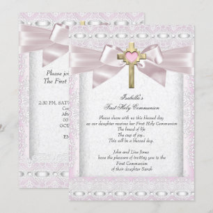 Invitation Première Sainte Communion 1ère Fille Croix Rose De