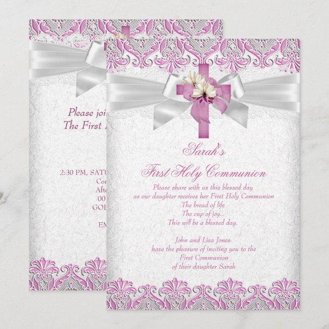 Invitation Première Sainte Communion 1ère Fille Croix Rose De (Devant / Derrière)