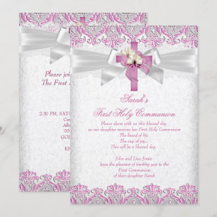 Invitation Première Sainte Communion 1ère Fille Croix Rose De