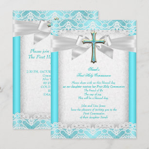 Invitation Première Sainte Communion 1ère Fille Croix Turquoi
