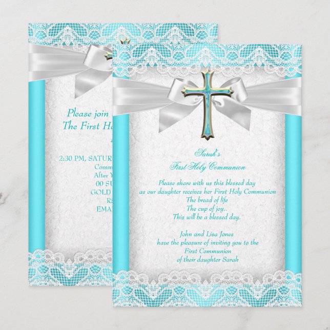 Invitation Première Sainte Communion 1ère Fille Croix Turquoi (Devant / Derrière)