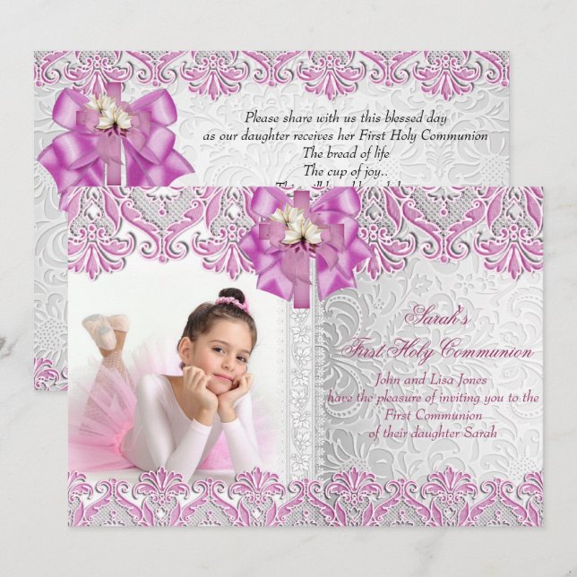 Invitation Première Sainte Communion 1ère Fille Lilac Rose Ph (Devant / Derrière)