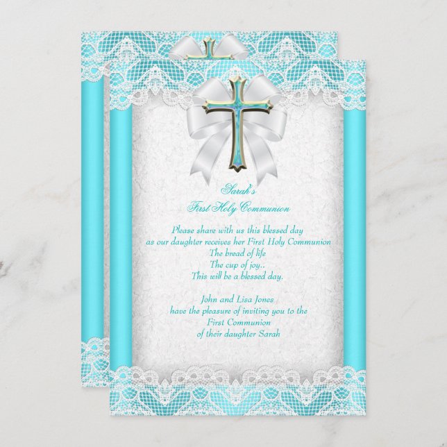 Invitation Première Sainte Communion 1ère Filles Croix Aqua T (Devant / Derrière)