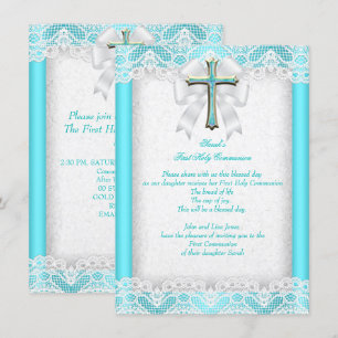 Invitation Première Sainte Communion 1ère Filles Croix Aqua T