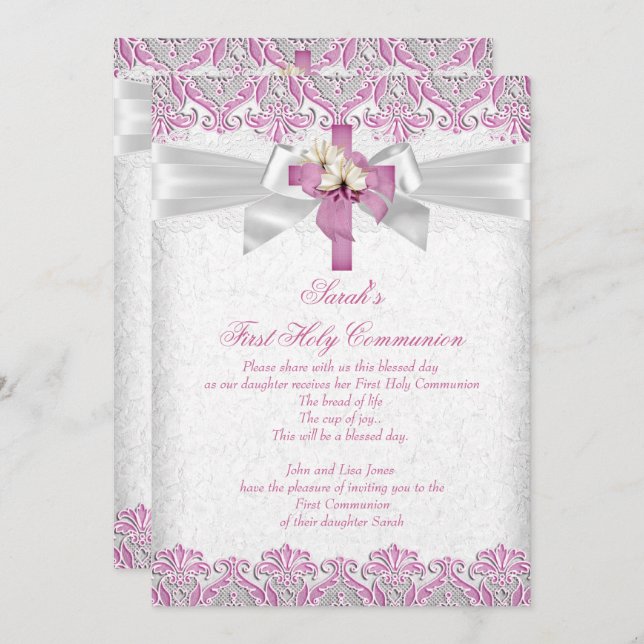Invitation Première Sainte Communion 1ère Filles Croix Dentel (Devant / Derrière)