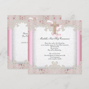 Invitation Première Sainte Communion 1ère Filles Croix rose 7