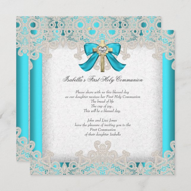 Invitation Première Sainte Communion 1ère Filles Croix Turquo (Devant / Derrière)