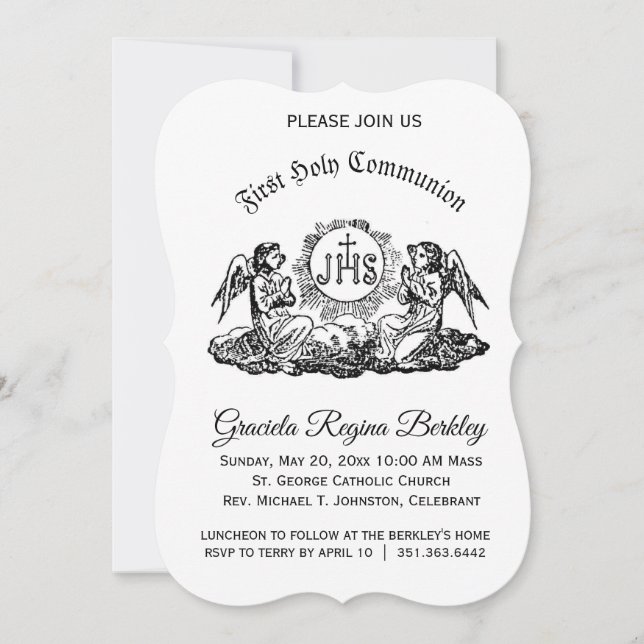 Invitation Première Sainte Communion Angel Black White Invita (Devant)