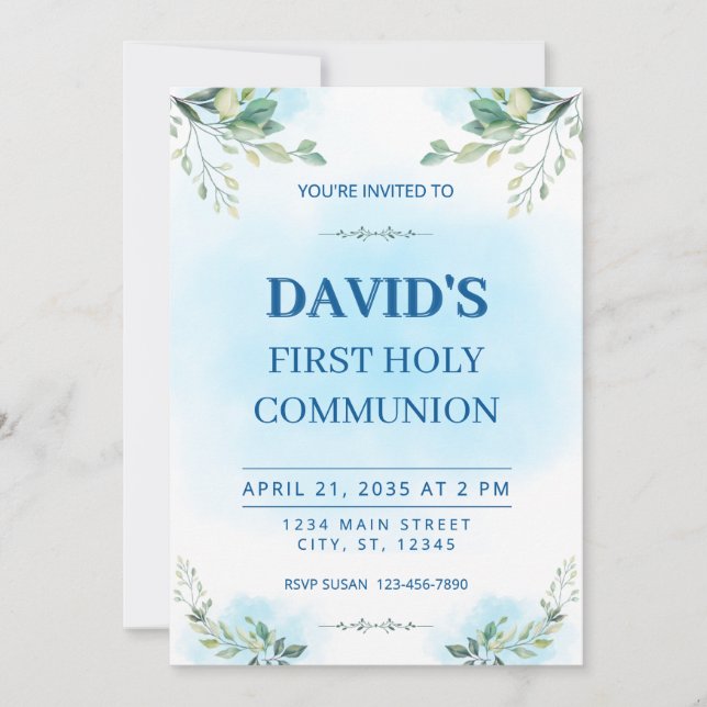 Invitation Première Sainte Communion Aquarelle Feuillage Bleu (Devant)
