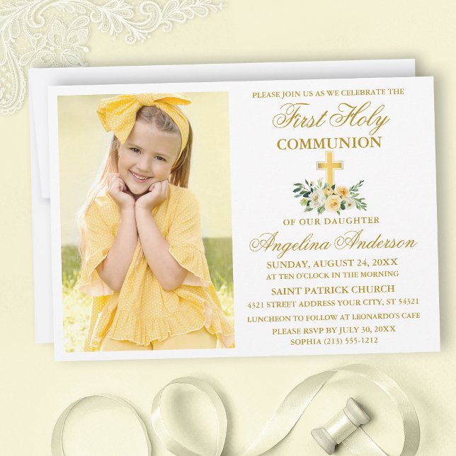 Invitation Première Sainte Communion Aquarelle Jaune Floral O (Créateur téléchargé)