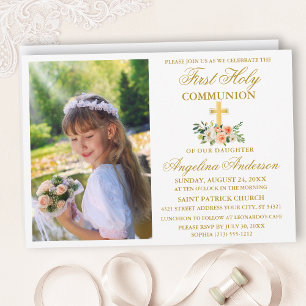 Invitation Première Sainte Communion Aquarelle Peach Floral G