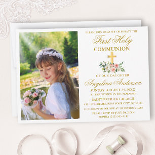 Invitation Première Sainte Communion Aquarelle Rose Floral Or