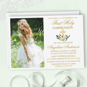 Invitation Première Sainte Communion Aquarelle Vert Floral