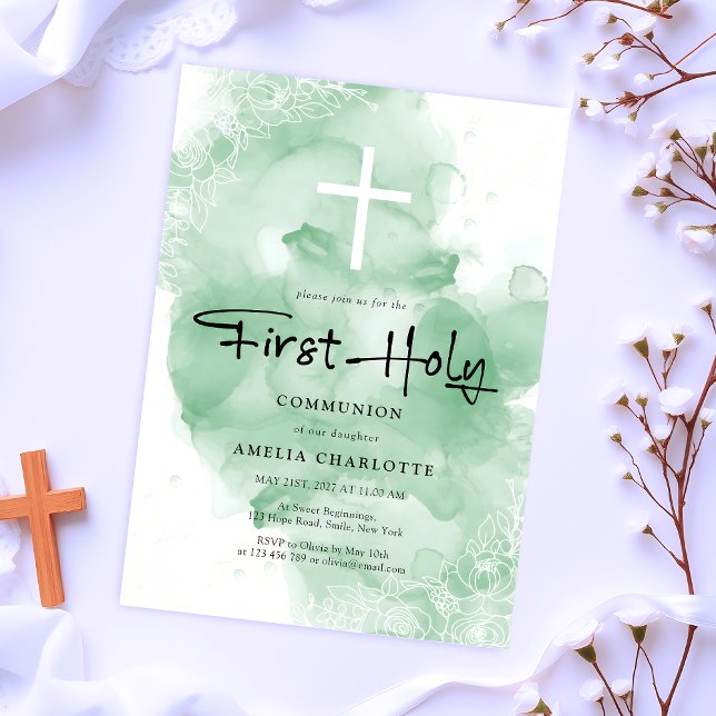 Invitation Première Sainte Communion Aquarelle verte (Créateur téléchargé)