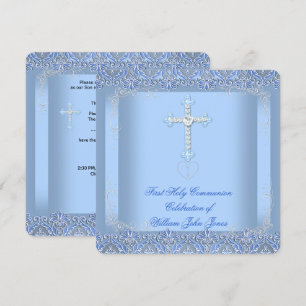 Invitation Première Sainte Communion Argent Bleu Garçon