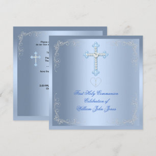 Invitation Première Sainte Communion Argent Bleu Garçon