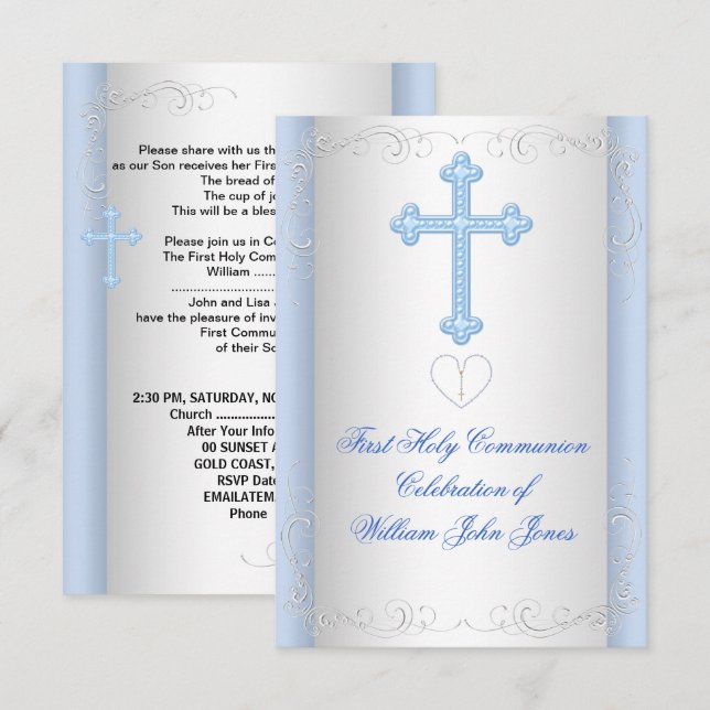 Invitation Première Sainte Communion Argent Bleu Garçon (Devant / Derrière)