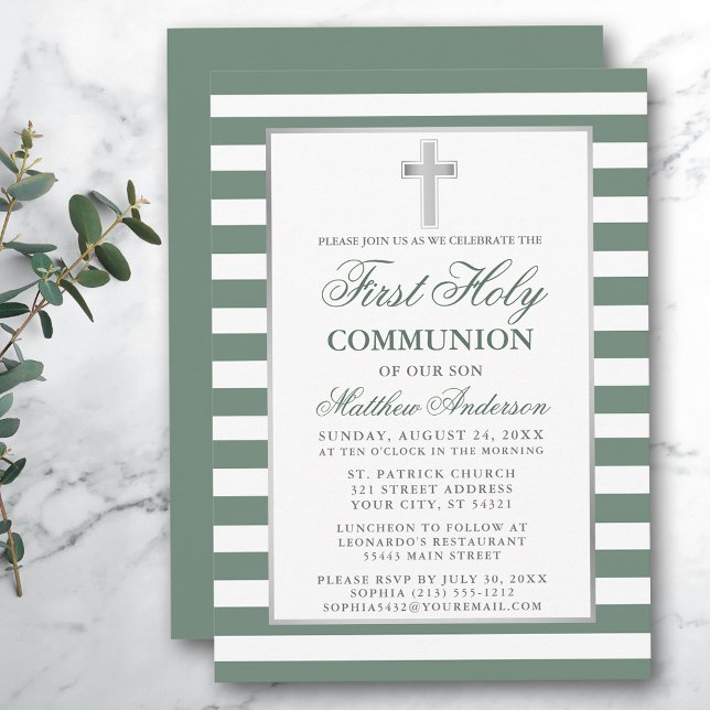 Invitation Première Sainte Communion Argent Sage Vert Strié (Customize to change text size, color or text style.)