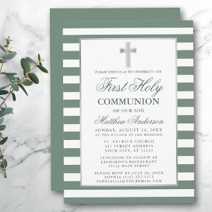 Invitation Première Sainte Communion Argent Sage Vert Strié
