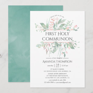 Invitation Première Sainte Communion au pastel rose verdure
