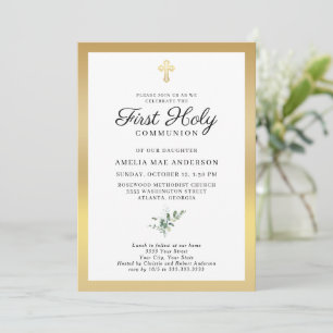 Invitation Première Sainte Communion avec croix dorée élégant