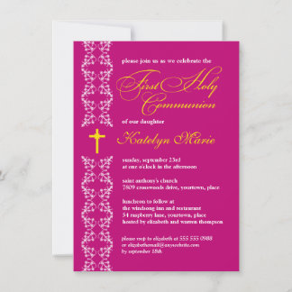 Invitation Première sainte communion baroque Fuchsia Strip