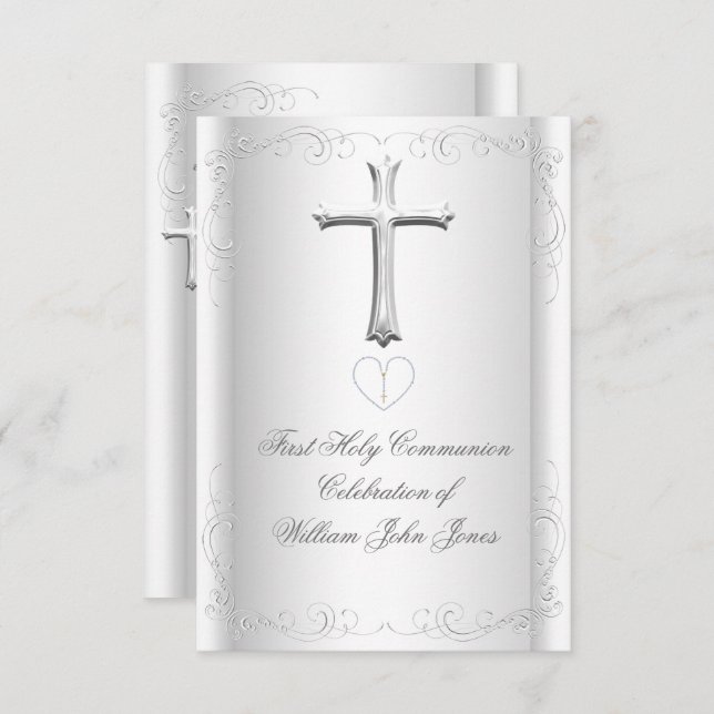 Invitation Première Sainte Communion Blanc Argent Neutre fill (Devant / Derrière)