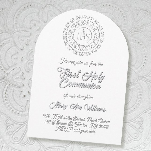 Invitation Première Sainte Communion blanc gris ombre texte (Créateur téléchargé)