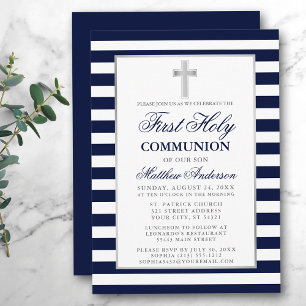 Invitation Première Sainte Communion Bleu Argent rayé