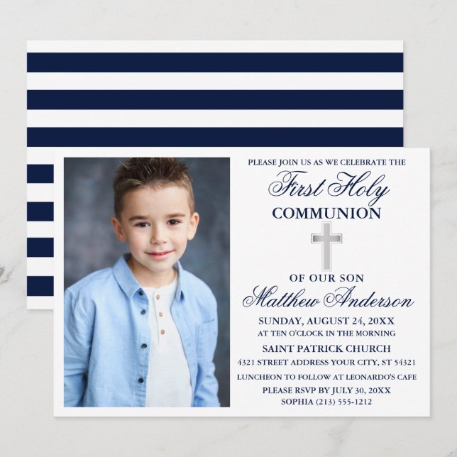 Invitation Première Sainte Communion Bleu Bleu Argent Stripes (Devant / Derrière)