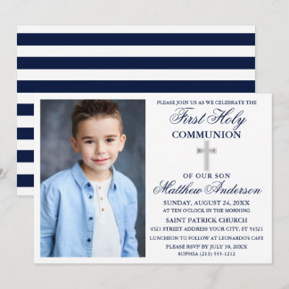 Invitation Première Sainte Communion Bleu Bleu Argent Stripes