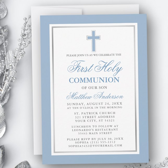 Invitation Première Sainte Communion Bleu Clair et Argent (Customize to change text size, color or text style.)