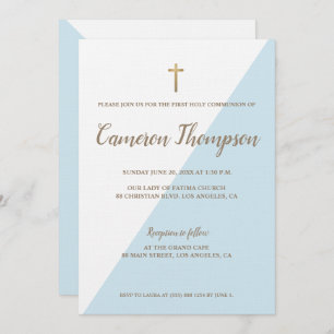 Invitation Première Sainte Communion bleu moderne Or blanc
